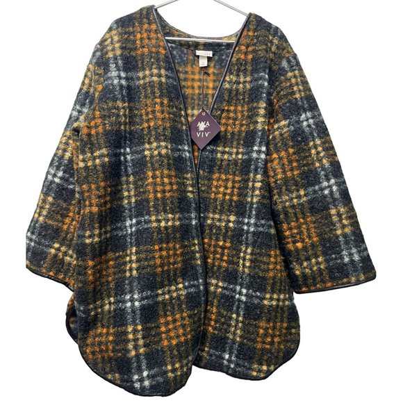 NWT Ava & Viv 2X Women’s Curly Fleece Plaid Jacket Black Gold Shirt Shacket - Picture 2 of 12